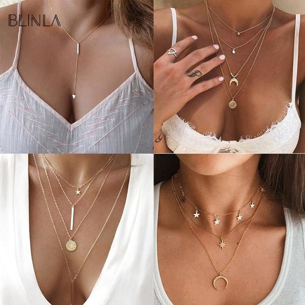 

pendant necklaces blinla vintage bohemian multilayer crystal moon for women 2021 fashion gold geometric party jewelry, Silver