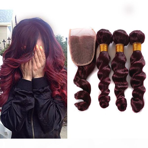 

burgundy lace closure with bundles #99j wine red loose wave malaysian virgin human hair weaves with lace, Black;brown