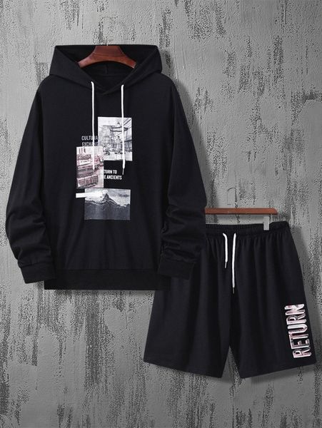 

men slogan and mountain print drawstring hoodie & shorts c04f#, Gray