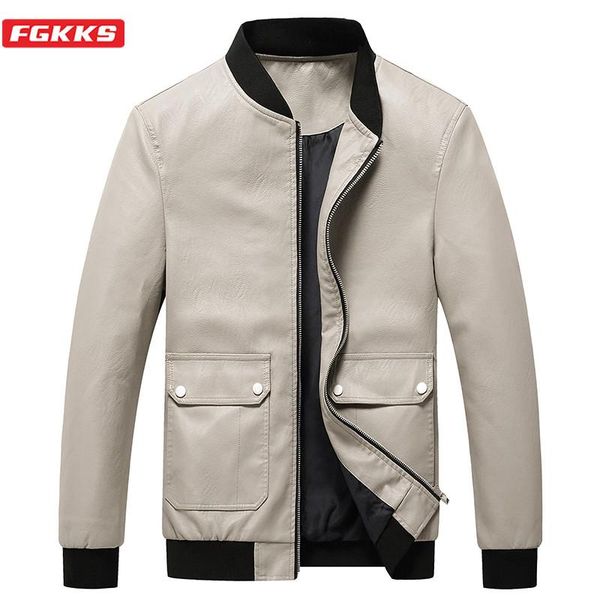 

fgkks new men fashion pu leather jacket trendy brand men's pocket casual jacket autumn winter stand leather jackets male, Black