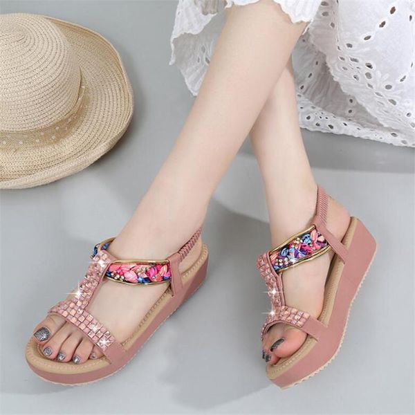

women wedges sandals 2021 summer platform shoes woman open toe slip on sandal string bead female fashion high heels casual shoes, Black