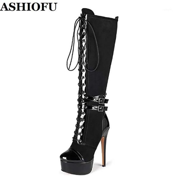 

ashiofu new elegant handmade women's high heels boots patchwork platform shoelace shoes evening night-club fashion boots1, Black