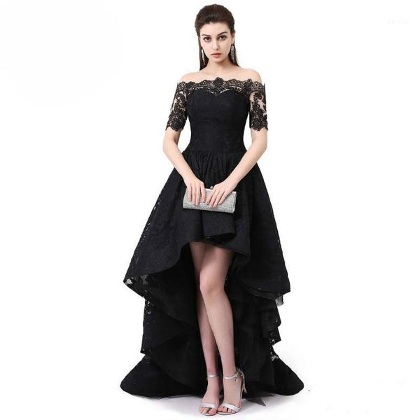 

bgw 2019 new black boat neck off shoulder short sleeves high low lace evening dresses zipper back formal party dress1, White;black