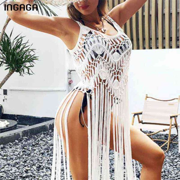

swimsuit ingaga knitted beach dress dresses woman swimwear hollow out swimsuits tassel cover up solid pareo beach tunics women, White;black