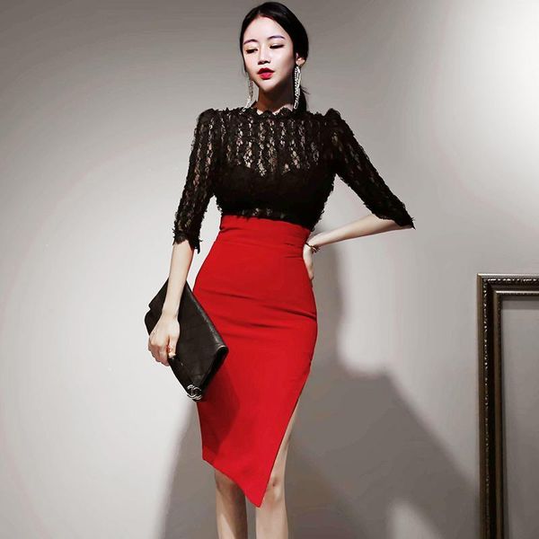 

new arrival women spring summer two piece set see through lace blouses skirt suits 2 piece set wo1, Gray