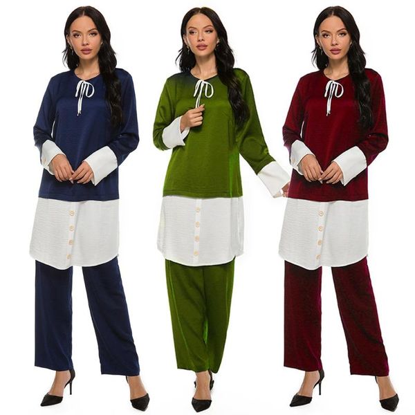 

ethnic clothing muslim modest women malaysia fashion contrast color two pieces abaya set 4xl bow button arabic dubai islamic 2021, Red