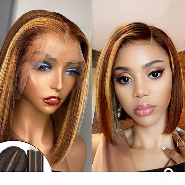 

ombre highlight wig 2*6 deep parting lace front wig straight ombre bob honey blonde short bob remy lace front wig150%, Black;brown