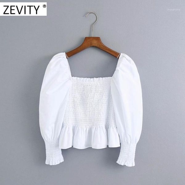 

zevity new women elegant square collar elastic poplin smock blouse ladies puff sleeve slim white shirts chic cropped ls70331