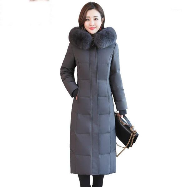 

2019 winter women real fur collar hooded jacket female white duck down coat ladies slim long thick warm parkas outwear a201, Black