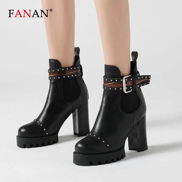 

fanan winter boots women super high heels ankle boots rivet buckle platform block heel short women's genuine leather shoes, Black
