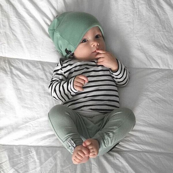 

winter kids newborn clothes set baby boys girls 3pcs outfits long sleeve striped t-shirt + pants legging + hats clothing 1021, White