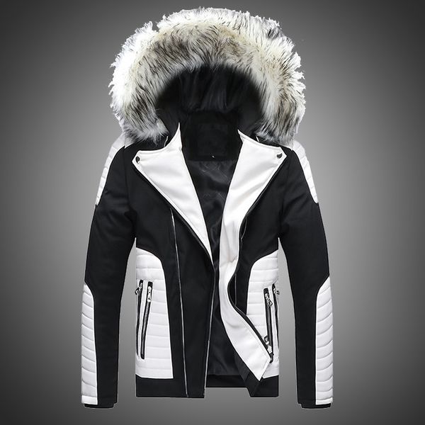 

men jacket autumn winter hooded jacket faux fur jacket parka men faux leather stitching style biker motorcycle outwear jackets 201114, Black;brown