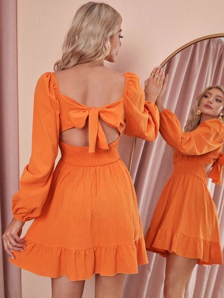 

neon orange tie back shirred waist ruffle hem dress b9el#, Black;gray