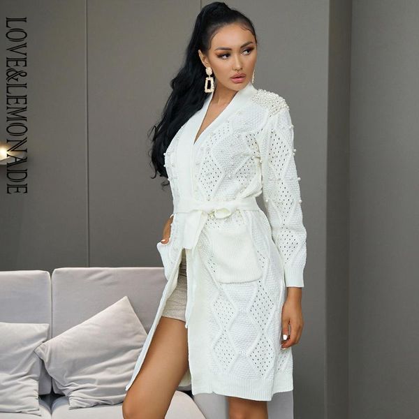 

love&lemonade white pearl bead with belt long sweater lmsw007