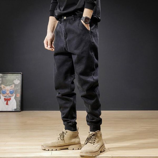 

men's jeans japanese style fashion men streetwear loose fit spliced designer denim cargo pants black hip hop joggers wide leg trousers, Blue