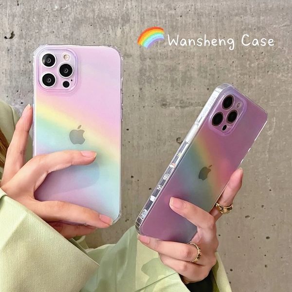 Bunte rosa Regenbogen transparente Handyhüllen für iPhone 13 Pro Max 12 Mini 11 X XS XR 7 8 Plus SE Mode weiche stoßfeste Abdeckung