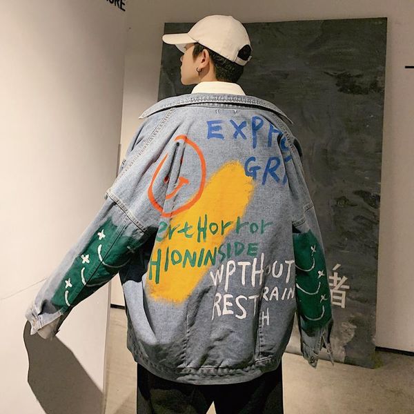 

yasuguoji мужчины streetwear граффити аппликации напечатаны джинсы куртка hipster отверстие сыпучие hip hop хлопок черные повседневные джинс, Black;brown