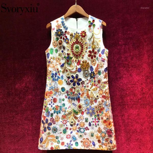 

svoryxiu high end runway summer party tank short dresses women's vintage baroque printed crystal diamond a line dress1, Black;gray