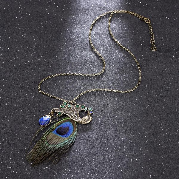 

высокое качество девушки женщин vintage павлинье перо подвеска металла свитер длинные цепи ожерелье партии ювелирных изделий ожерелья jllwdw, Silver