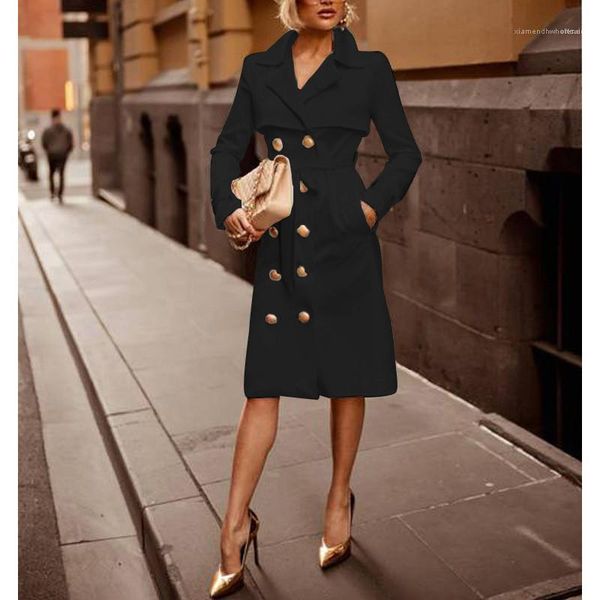

neck double breasted coat fashion female clothing autumn winter womens trench coat solid color printed lapel, Tan;black
