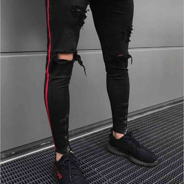 

jeans men's casual skinny pants spring hip hop streetwear fashion man's distrressed full length 03os, Blue