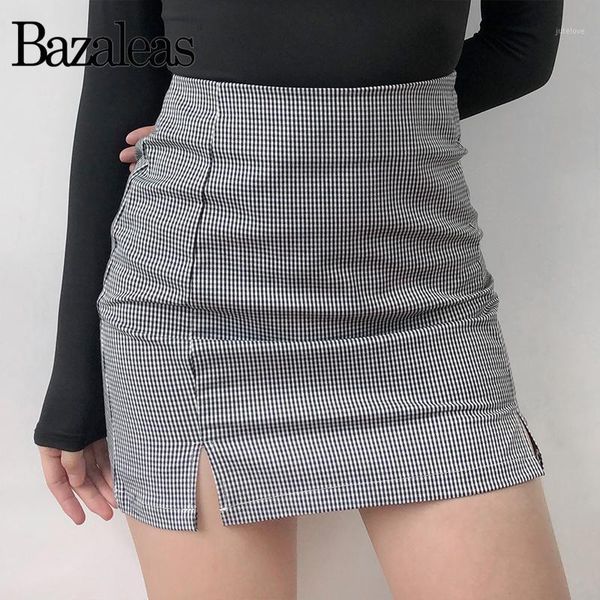 

tartan black white harajuku skirts side split women skirts casual womens plaid a-line1