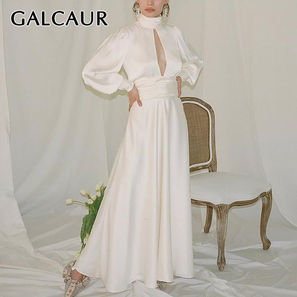 

galcaur autumn dress for women turtleneck lantern long sleeve hollow out backless lace up floor length dresses female 2020 tide, Black;gray