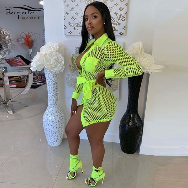 

hollow out turndown collar belted mini dress womens pocket details fishnet dress night out outfits wholesale1, Black;gray