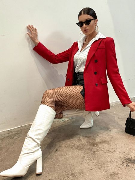 

double breasted flap detail blazer u1dm#, White;black