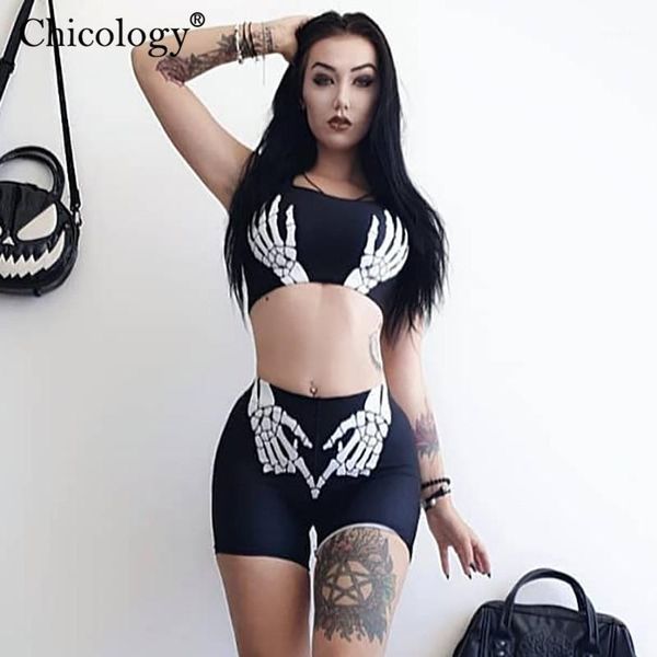 

women's tracksuits chicology gothic skeleton hand print crop tank high waist shorts 2 two piece set 2021 summer autumn women streetwear, Gray