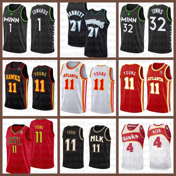 

2021 new basketball jersey minnesota timberwolves atlanta hawk mens 21 garnett 1 edwards 32 towns 11 young 4 webb brown, Black;red