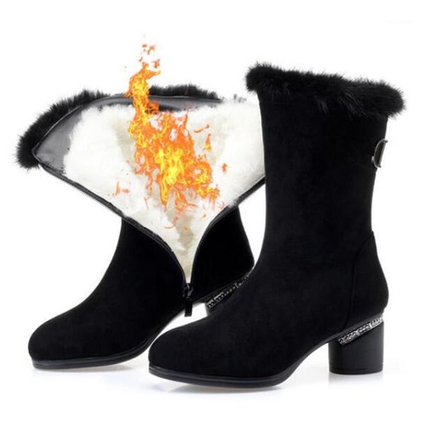 

new classic cowhide nubuck leather boots winter warm plush / wool boots high heels warm winter fashion women1, Black
