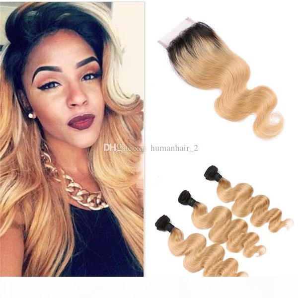 

malaysian virgin hair body wave human hair weave with lace closure two tone color 1b 27 honey blonde ombre hair with lace closure, Black;brown