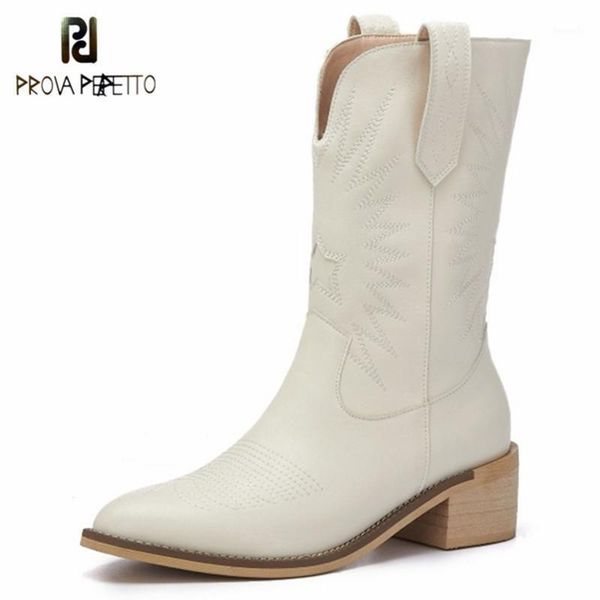 

boots prova perfetto embroidery retro botas de mujer concise round toe crude heel mid women shoes platform embroider short boots1, Black