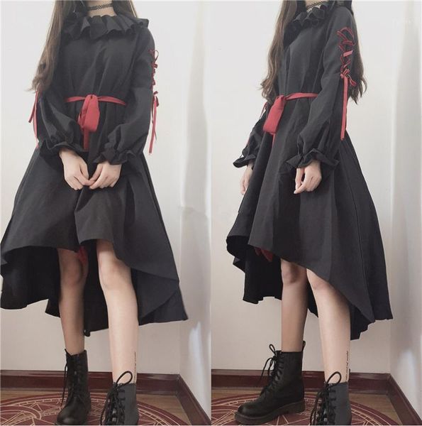 

cute puppet doll style lolita op dark girl bind belt ruffles bowknot loose dress1, Black;gray