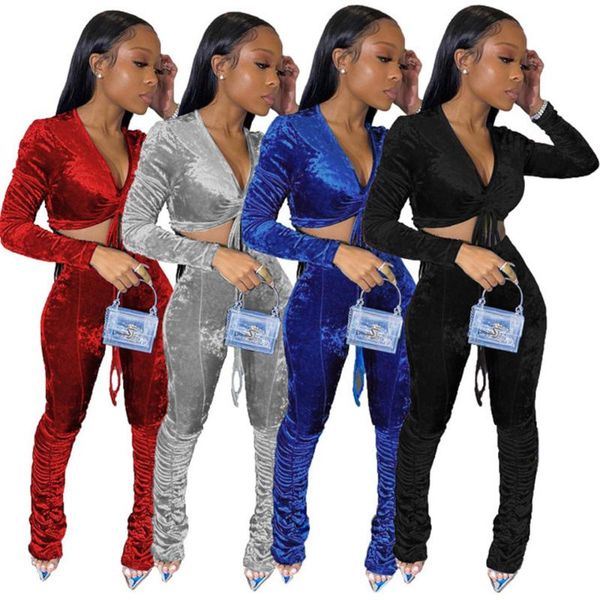

2021 fall winter velvet two piece set for women club outfits long sleeve drawstring ruched crop stacked pants sweat suit, Gray