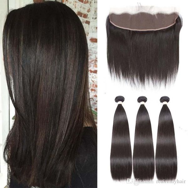

ear to ear 13x4 full lace frontal closure with 3 bundles brazilian straight virgin human hair weaves with pre plucked lace frontal, Black;brown