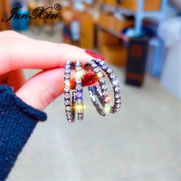 

junxin female crystal circle hoop earrings 925 silver needle black gold color white zircon round earrings for women jewelry, Golden
