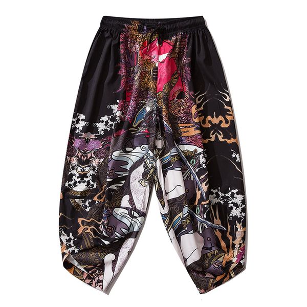 

2021 new hip hop streetwear japanese thin mens ukiyoe printed baggy calf-length pants harajuku joggers men trousers japan style vktu, Black;white