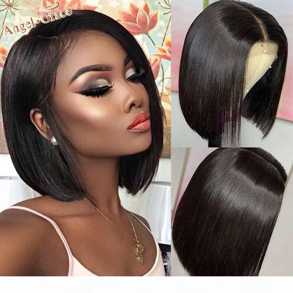 

angel grace 13x4 short wig with bangs front human hair pre plucked 4x4 lace closure bob wigs, Black;brown