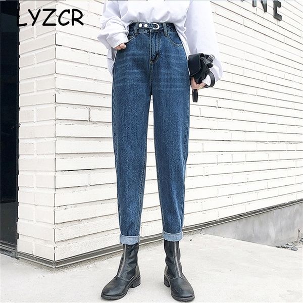 

spring high waist mom jeans loose women harem boyfriend jeans for women straight jeans with high waist ankle-length pants 201223, Blue