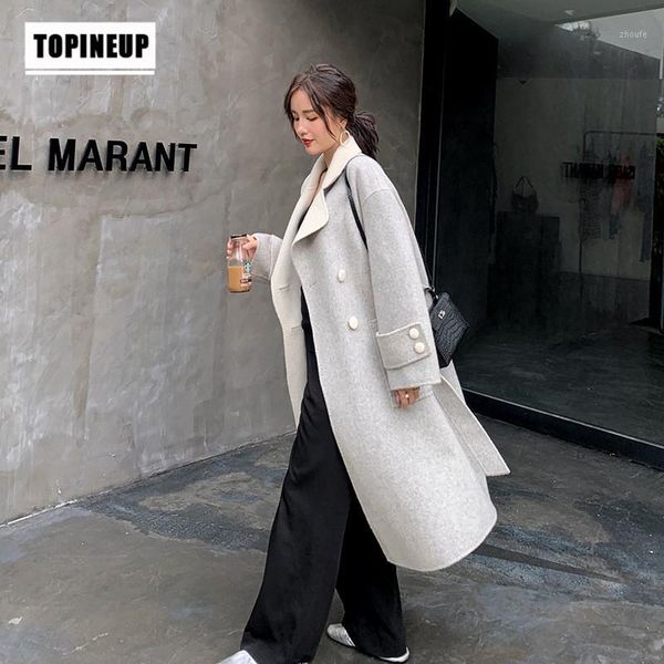 

2019 spring and autumn loose office lady coat woman long sleeve turn-down collar over knee double breasted woollen overcoat1, Black