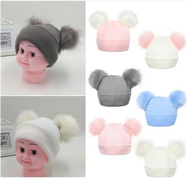 

winter knitted baby hats 2018 girls boys sweet solid hat with two fur pompoms balls kids caps for baby girls w qylbtd, Yellow