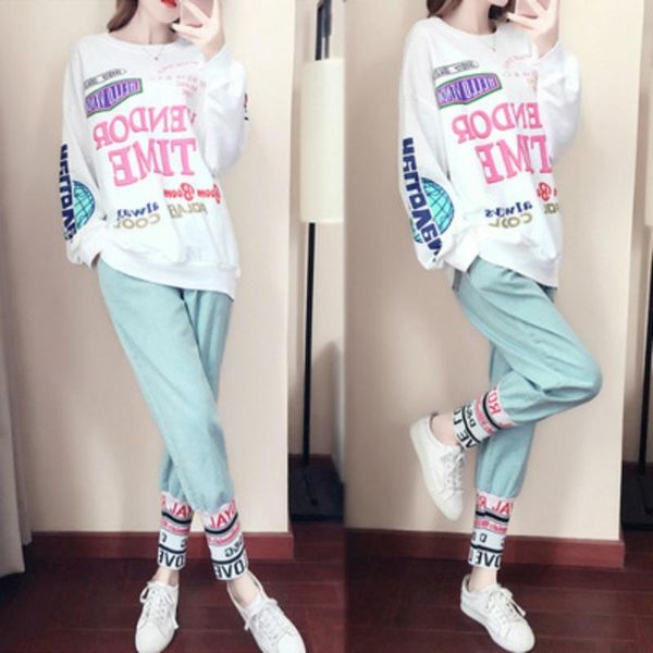 

casual sports clothing women's suit spring autumn 2020 new style korean students ladies dress loose-fit hoodie two-piece set1, White