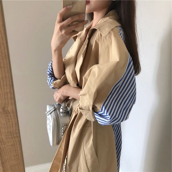 

long drape coat windbreakers casual outerwear overcoat women's new blue white striped coats for young girls patchwork vestiti, Tan;black