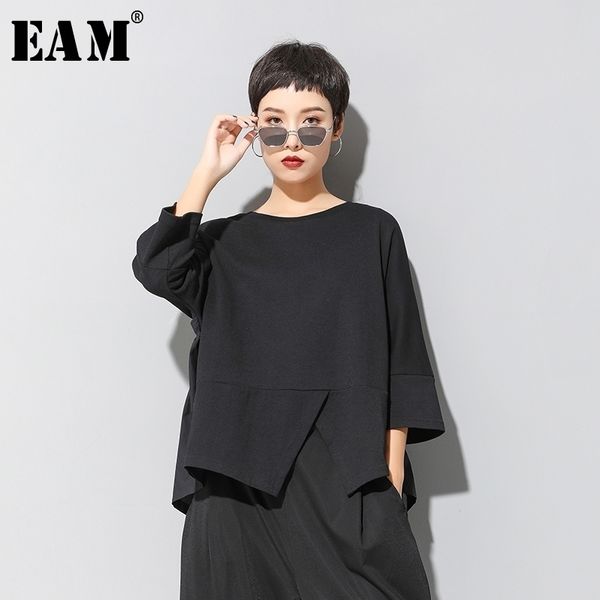 

[eam] women black irregular split joint big size t-shirt new round neck three-quarter sleeve fashion spring summer 1u321 201028, White
