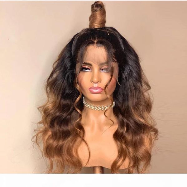 

body wave ombre human hair lace front wigs for black women 180density 3 tone color brown blonde remy hair wigs, Black;brown