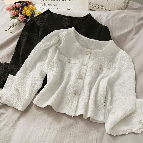 

french crumpled single-breasted cardigan short small shirt women 2020 autumn round neck long-sleeved western style, White