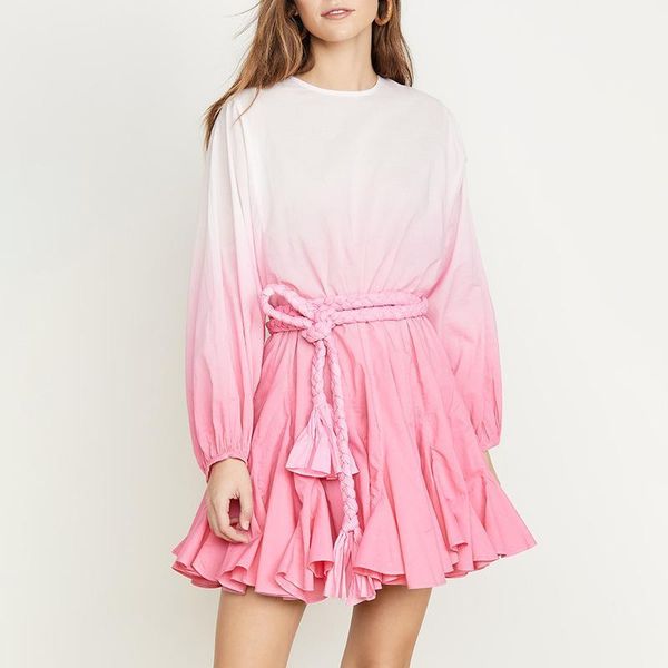 

casual dresses 2021 spring fashion lantern sleeve round neck pleated tie-dye loose waist dress short women1, Black;gray
