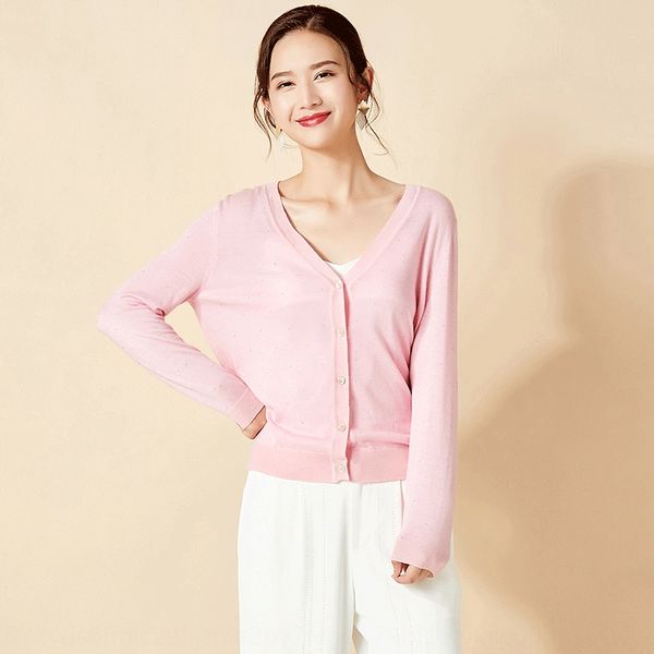 

spring 2020 new fashion sweater versatile show thin v-neck multicolored drill long sleeve knitted sweater cardigan women 1kf6w 1, White;black